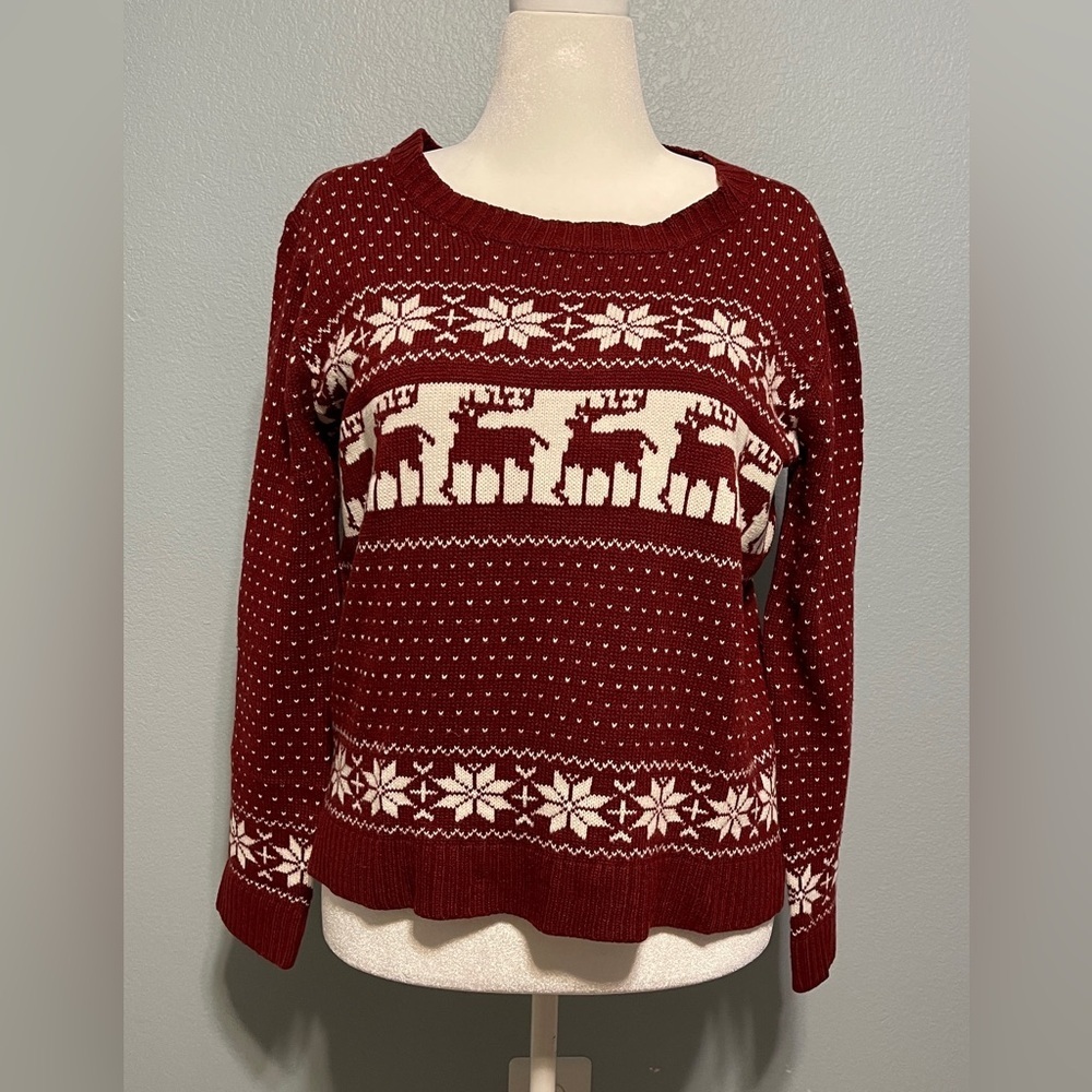 POL Red White Reindeer Fair Isle Sweater Knit Pullover Christmas Winter XL - Picture 1 of 6
